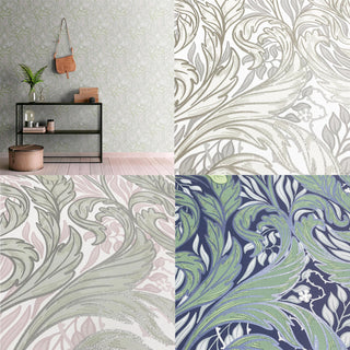 Muriva Vale Leaf Wallpaper - Blue & Green, Cream, Green & Pink - 10m x 53cm Wide