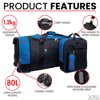 XPLR Foldaway Blue Holdall with Wheels – Lightweight 80L Travel Bag with Durable Wheels, Pull Handle & Shoulder Strap – Foldable Luggage for Gym, Hiking, Camping, Holidays & Travel – Grey, Red & Blue – Compact & Spacious