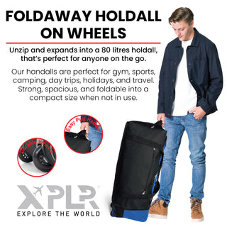 XPLR Foldaway Blue Holdall with Wheels – Lightweight 80L Travel Bag with Durable Wheels, Pull Handle & Shoulder Strap – Foldable Luggage for Gym, Hiking, Camping, Holidays & Travel – Grey, Red & Blue – Compact & Spacious