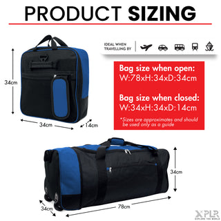XPLR Foldaway Blue Holdall with Wheels – Lightweight 80L Travel Bag with Durable Wheels, Pull Handle & Shoulder Strap – Foldable Luggage for Gym, Hiking, Camping, Holidays & Travel – Grey, Red & Blue – Compact & Spacious