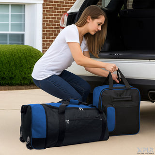 XPLR Foldaway Blue Holdall with Wheels – Lightweight 80L Travel Bag with Durable Wheels, Pull Handle & Shoulder Strap – Foldable Luggage for Gym, Hiking, Camping, Holidays & Travel – Grey, Red & Blue – Compact & Spacious