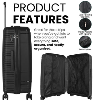 XPLR Lightweight Polypropylene Black Hard Shell Luggage – 8 Silent 360° Spinner Wheels with Built-in TSA Lock – 20”, 24”, 28” and XL 32” Size – 3 Pc and 4 Pc Sets