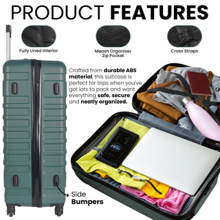 XPLR 5-Piece Green ABS Luggage Set – Durable Hard Shell Suitcases with TSA Lock, 360° Spinner Wheels & Organised Interiors – Includes Carry-On & Toiletry Bag – Scratch-Resistant Finish