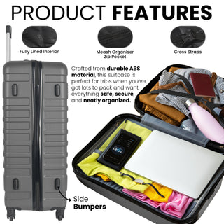 XPLR 5-Piece Charcoal Grey ABS Luggage Set – Durable Hard Shell Suitcases with TSA Lock, 360° Spinner Wheels & Organised Interiors – Includes Carry-On & Toiletry Bag – Scratch-Resistant Finish