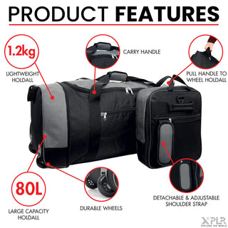 XPLR Foldaway Grey Holdall with Wheels – Lightweight 80L Travel Bag with Durable Wheels, Pull Handle & Shoulder Strap – Foldable Luggage for Gym, Hiking, Camping, Holidays & Travel – Grey, Red & Blue – Compact & Spacious
