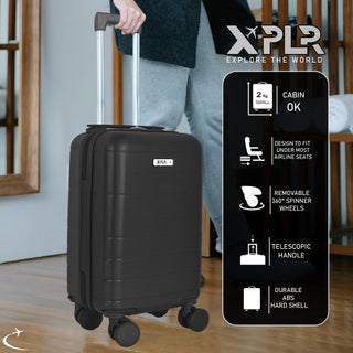 XPLR Underseat Black ABS Cabin Suitcase – Lightweight 2KG Removable-Wheel Luggage with 3-Step Telescopic Handle, Lockable Zippers & Fully Lined Interior – Compact Carry-On for Airlines