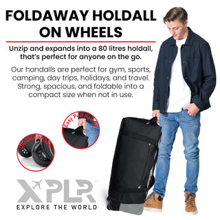 XPLR Foldaway Grey Holdall with Wheels – Lightweight 80L Travel Bag with Durable Wheels, Pull Handle & Shoulder Strap – Foldable Luggage for Gym, Hiking, Camping, Holidays & Travel – Grey, Red & Blue – Compact & Spacious