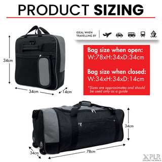 XPLR Foldaway Grey Holdall with Wheels – Lightweight 80L Travel Bag with Durable Wheels, Pull Handle & Shoulder Strap – Foldable Luggage for Gym, Hiking, Camping, Holidays & Travel – Grey, Red & Blue – Compact & Spacious