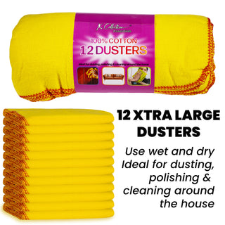 K Collection XL Yellow Dusters – 100% Cotton, Lint-Free & Reusable - Extra Large Jumbo Cleaning Cloths (40x50cm) – Multipurpose for Car, Home, Polishing & Dusting - 12 Pack