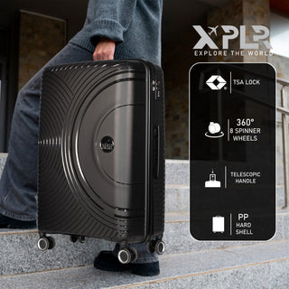 XPLR Lightweight Polypropylene Black Hard Shell Luggage – 8 Silent 360° Spinner Wheels with Built-in TSA Lock – 20”, 24”, 28” and XL 32” Size – 3 Pc and 4 Pc Sets