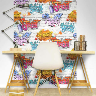 Muriva Street Style Graffiti Multi Wallpaper - 10m x 53cm Wide for Home Decor - White - 64cm Half Drop
