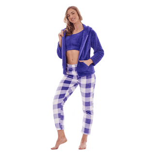 Keanu Ladies 3 Piece Fleece Pyjamas - Violet Check Design