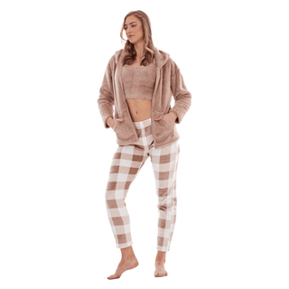 Keanu Ladies 3 Piece Fleece Pyjamas - Taupe Check Design