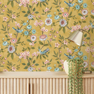 Fine Decor Eleanor Floral Birds in Yellow, Cream and Blue Wallpaper - 10m x 53cm Wide