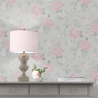 Muriva Rosalind Grey & Pink Wallpaper A69703 – Elegant Floral Design – 10m Roll