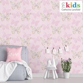 Muriva Enchanted Butterfly Pink Wallpaper 165572 10m Roll Kids Bedroom Floral