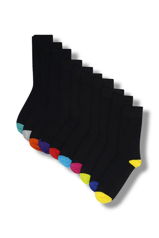Mens 12 Pack Bamboo Dress Socks, Calf Size, Anti Bacterial Socks - Black Socks with Colour Heel and Toe