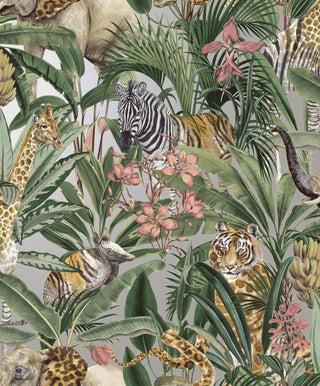 Holden Decor Safari Fusion Silver Wallpaper 13014 – Exotic Animal & Botanical Design – 10m Roll