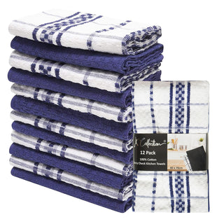 K Collection Navy 12 Pack Check Kitchen Towels Set - 100% Ring Spun Cotton - Terry Check Design