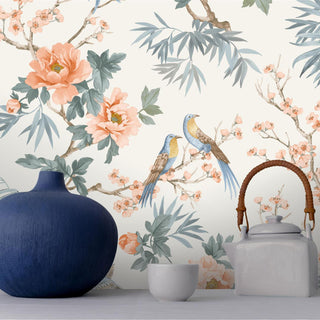 Rasch Chinoiserie Water Colour Blue, Orange/Blue & Sage Green Floral Birds Flowers Wallpaper - 10m x 53cm Wide