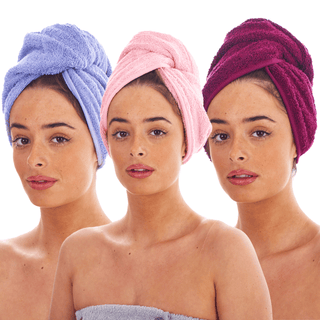 Keanu 3 Pack Hair Turban Towel - 100% Cotton - 64 x 23cm -Berry, Lilac, Pink Design