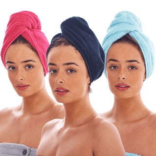 Keanu 3 Pack Hair Turban Towel - 100% Cotton - 64 x 23cm - Black, Fuchsia, Aquamarine Design