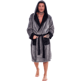 Keanu Mens Dressing Gown - Grey/Black Design - 100% Fleece Polyester - Adults