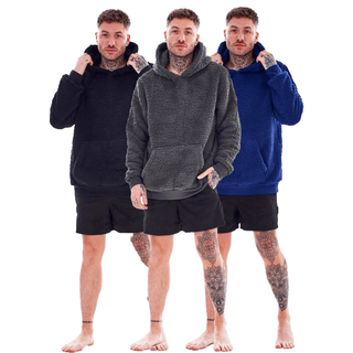 Keanu Mens Pull Over Sherpa Hoodie - Fluffy Fleece Jacket - Navy, Charcoal and Black Design