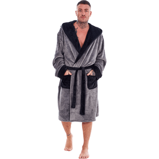 Keanu Mens Dressing Gown - Grey/Black Design - 100% Fleece Polyester - Adults