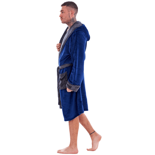 Keanu Mens Dressing Gown - Navy/Charcoal Design - 100% Fleece Polyester - Adults