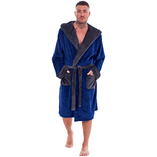 Keanu Mens Dressing Gown - Navy/Charcoal Design - 100% Fleece Polyester - Adults