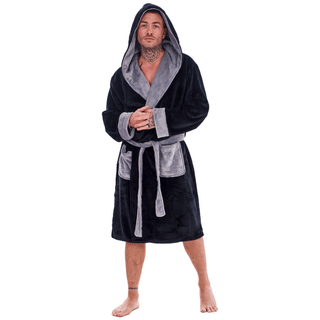 Keanu Mens Dressing Gown - Black/Grey Design - 100% Fleece Polyester - Adults
