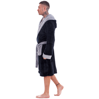 Keanu Mens Dressing Gown - Black/Grey Design - 100% Fleece Polyester - Adults