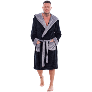 Keanu Mens Dressing Gown - Black/Grey Design - 100% Fleece Polyester - Adults