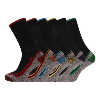 Mens 6 Pack Non Elastic Bamboo Mid Calf Work Socks, Anti Sweat Breathable, Suitable for Diabetics - Black Socks with Assorted Colour Trims