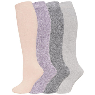 Ladies 4 Pack Wool Blend Long Wellington Boot Socks, Women's Welly Socks- Assorted Colours (Cream, Purple, Dark Grey and Light Grey)