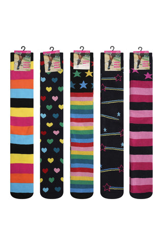 Ladies 5 Pack Wellington Boot Socks, Thermal - Hearts, Stars and Stripe Patterns