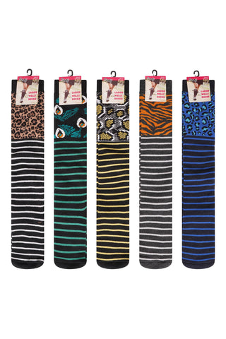 Ladies 5 Pack Wellington Boot Socks - Animal Skin Stripe Designs