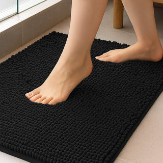 K Collection Luxury Chenille Bath Mat, Extra Soft and Absorbent Shaggy - Non Slip Machine Washable Bathroom Mats – Black - Available in 3 Sizes
