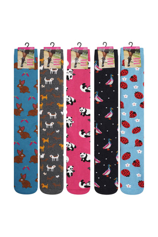 Ladies 5 Pack Wellington Boot Socks, Women's Welly Socks - Animal Designs