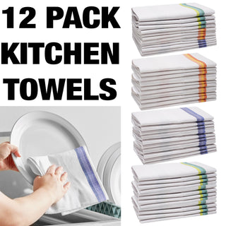 K Collection 12 Pack Kitchen Towels Set - 100% Pure Cotton Classic Herringbone Weave - Stripe Design