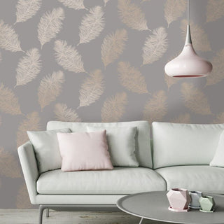 Holden Decor Fawning Feather Grey/Rose Gold Wallpaper 12629 – Elegant Feather Design – 10m Roll