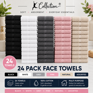 K Collection 24 Pack 100% Cotton Face Towels – 30 x 30cm