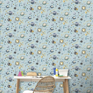 Rasch Space Celestial Skies Light Blue and Navy Stars Planets  Wallpaper - 10m x 53cm Wide