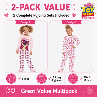 Disney Toy Story 5 Girls Pyjamas 2 Pack | Lotso Long Sleeve Pyjama Set | Beary Good Vibes Squad Top & Bottoms | 100% Cotton Kids PJs | Pink 18 Months to 12 Years