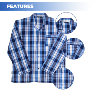 Keanu Mens Woven Pyjamas Set - Multiple Designs - Long Sleeve Button Down Shirt with Chest Pocket and Straight Leg Pants