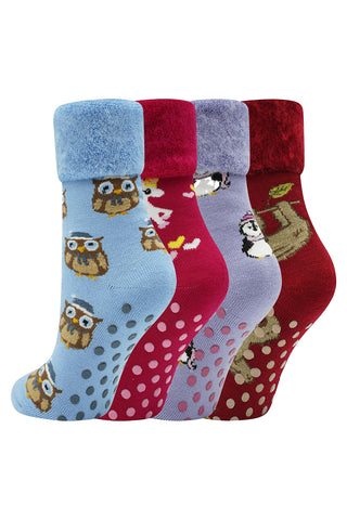Ladies 4 Pack Super Soft Bed Socks, Fleece Lined Brushed Thermal - Animal Print