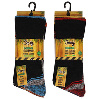 Mens 6 Pack Non Elastic Bamboo Mid Calf Work Socks, Anti Sweat Breathable, Suitable for Diabetics - Black Socks with Assorted Colour Trims