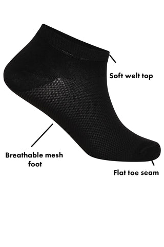 Ladies 6 Pack Bamboo Trainer Ankle Socks, Breathable Low Cut Ankle Trainer Sock - Black