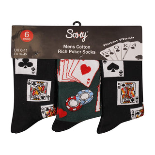 Mens 6 Pack Novelty Cotton Rich Socks - Poker Royal Flush Designs